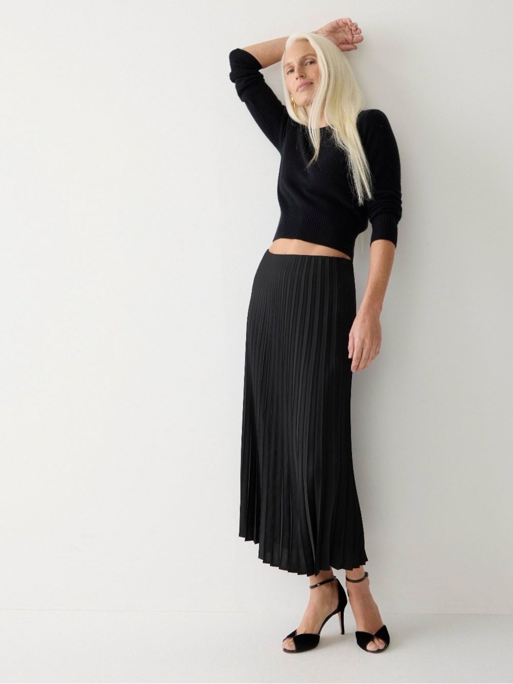 J.Crew Black Pleated Midi Skirt Satin Sunburst Accordion Pleats
